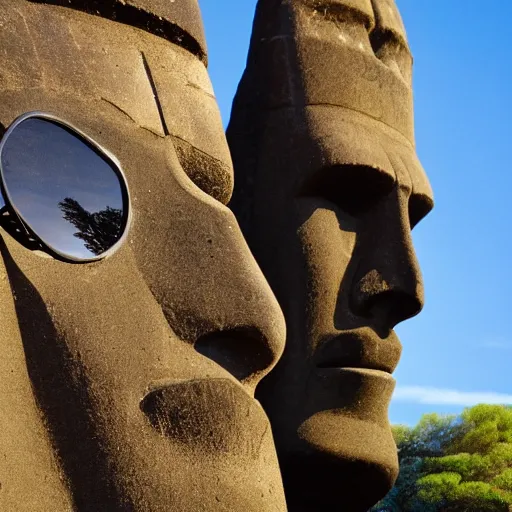 Prompt: moai statue wearing large sunglasses and a black pompadour