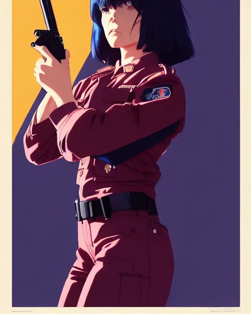 Image similar to girl wearing uniform, holding pistol at side, side view, looking down | | audrey plaza, fine detail!! anime!! realistic shaded lighting!! poster by ilya kuvshinov katsuhiro otomo ghost - in - the - shell, magali villeneuve, artgerm, jeremy lipkin and michael garmash and rob rey