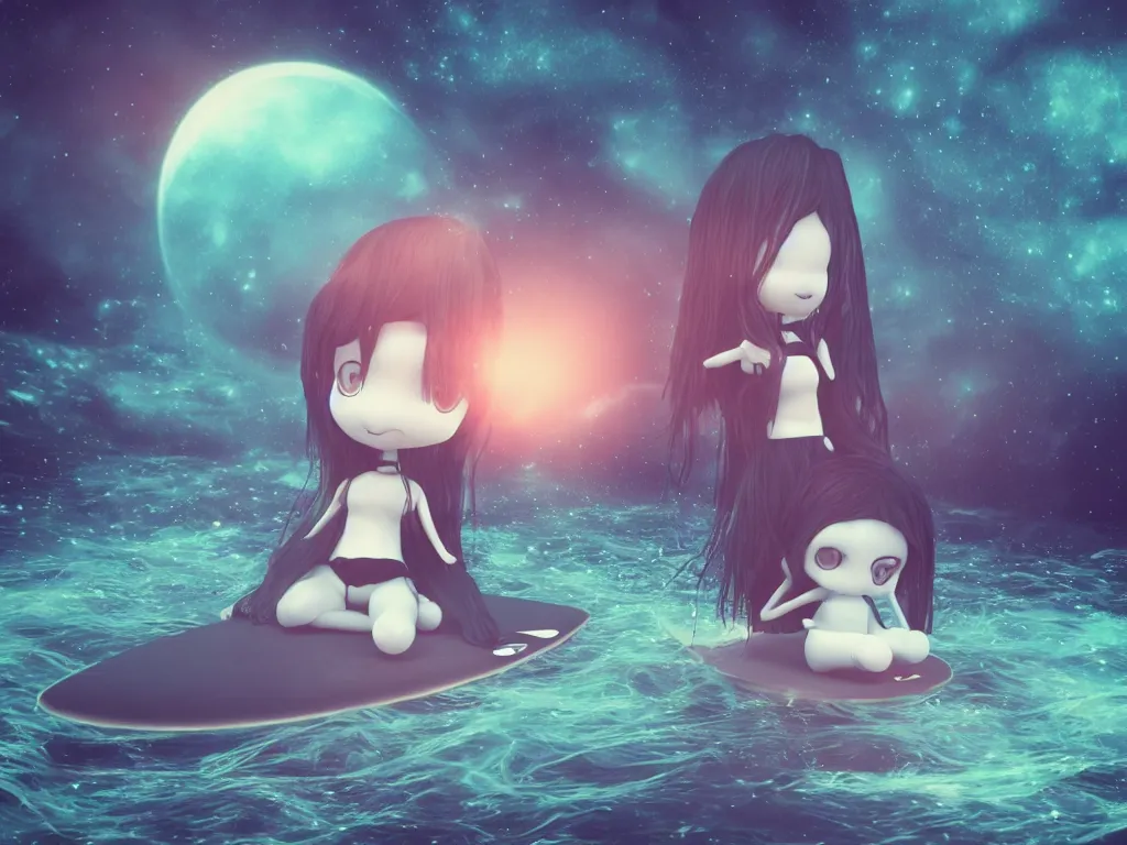 Prompt: cute fumo plush gothic maiden alien girl sitting on a surfboard in the waves of the dark galactic abyss, ocean waves and reflective splashing water, vignette, vray