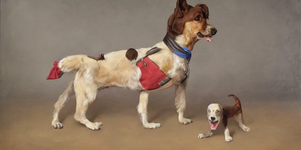 Prompt: Pedro Sánchez as anthropomorphic dog, oil painting