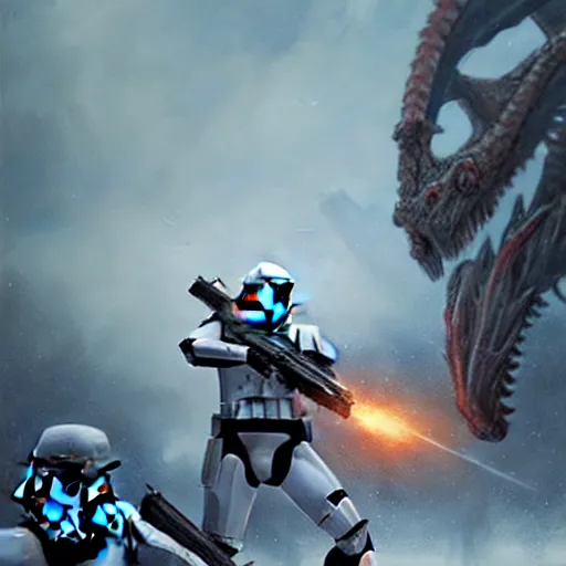 Image similar to commission of stormtroopers shooting a dragon,digital art,realistic,art by greg rutkowski,ross tran,trevor henderson,photorealistic,hyperdetailed,cinematic shot,western comic style,award winning,professional lighting