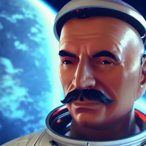 Image similar to Cinematic shot of Joseph Stalin astronaut, hd 4k, AAA game, octane render