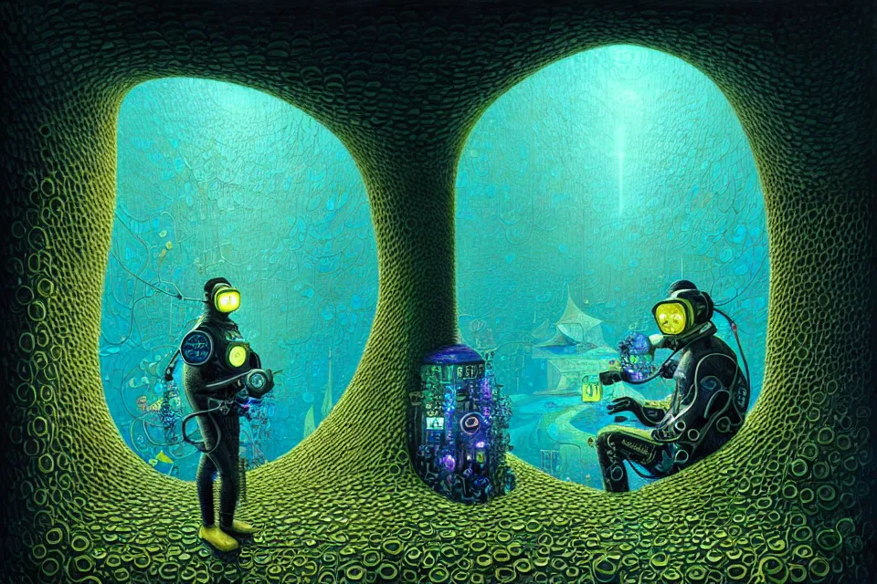 Image similar to gediminas pranckevicius detailed portrait of a cyberpunk scuba diver inside a dmt portal by james r eads and tomasz alen kopera