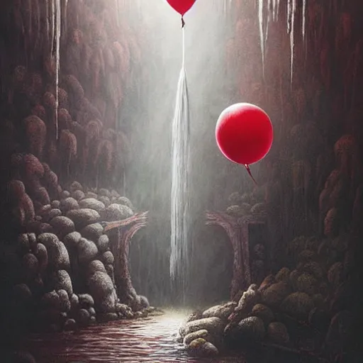 Image similar to grunge painting of a waterfall with a wide smile and a red balloon by Zdzisław Beksiński, loony toons style, pennywise style, corpse bride style, creepy lighting, horror theme, detailed, elegant, intricate, conceptual, volumetric light