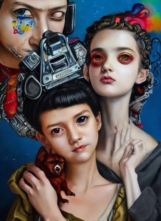 Prompt: beautiful portrait painting of a cute European lofi cyberpunk princess and her corgi assassin king, by Afarin Sajedi, Alessandro Barbucci, Alex Gross, Shin Jeongho, Shohei Otomo. trending on Artstation, 8k, masterpiece, face enhance, graffiti paint, fine detail, full of color, intricate detail, golden ratio illustration