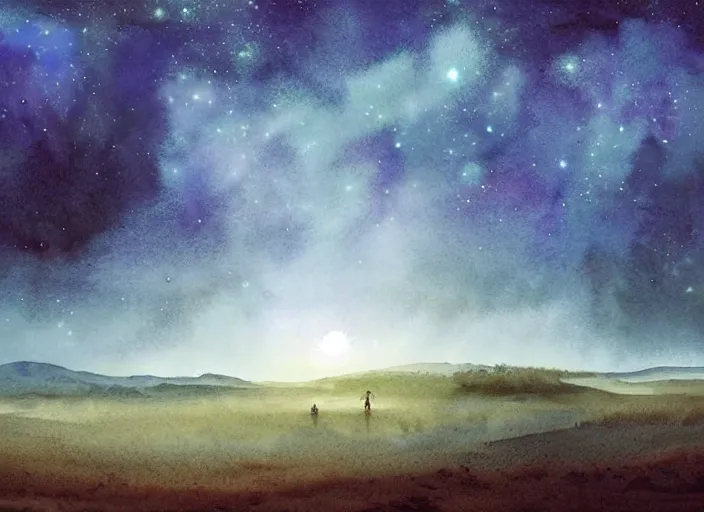 Image similar to beautiful watercolour landscape, wide vista. a barren alien world. dramatic lighting. starscape. science fiction art. painterly. digital painting. dramatic