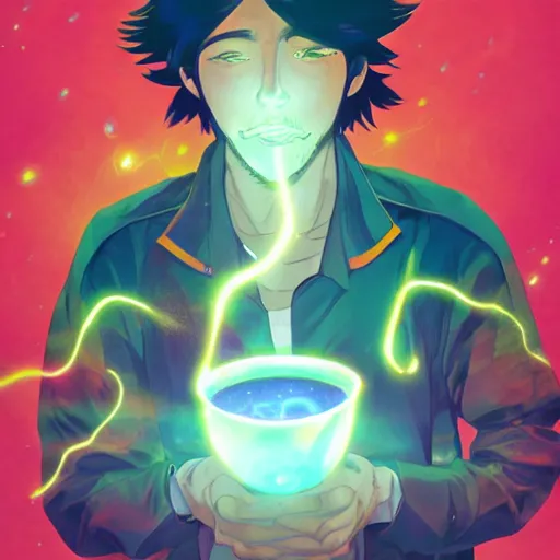 Image similar to A man drinking a cup of cosmic energy bright light by Masafumi Harada, 4k, digital art, surreal, anime style, space dandy style, highly detailed, godsend, artstation