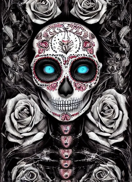 Image similar to portrait of a sugar skull creepy doll, obsidian eyes, intricate, highly detailed, smooth, digital illustration, the dark and quirky art of scott radke