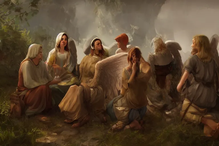 Prompt: a fake angel talking to a group of villagers, digital painting, mixed media, trending on artstation and deviantart, epic composition, magnum opus, highly detailed, 8 k