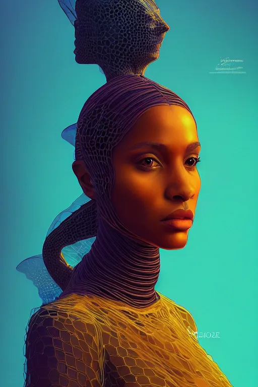 Image similar to 🐝👗👩🏾🦱👾, phantom, dreary, dramatic, fluid, golden ratio, artstation, peter chung + moebius + loish, hd, photorealistic, honeycomb, honey