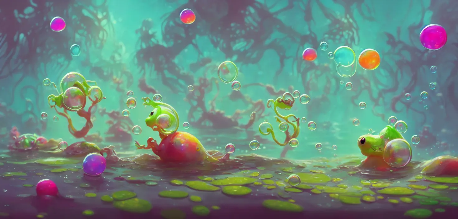 Prompt: colourful murky nature with cute bubble creatures appearing from the flowers in water, in the style of craola, shallow depth of field, highly detailed, digital painting, trending artstation, concept art, illustration, cinematic lighting, vibrant colors, photorealism, epic, octane render
