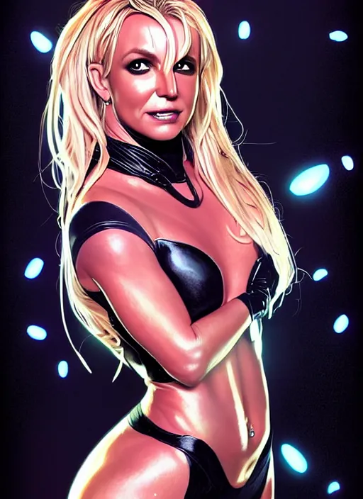 Image similar to britney spears as comics black cat, intricate, elegant, glowing lights, highly detailed, digital painting, artstation, glamor pose, concept art, smooth, sharp focus, illustration, art by artgerm and greg rutkowski, artey freytag