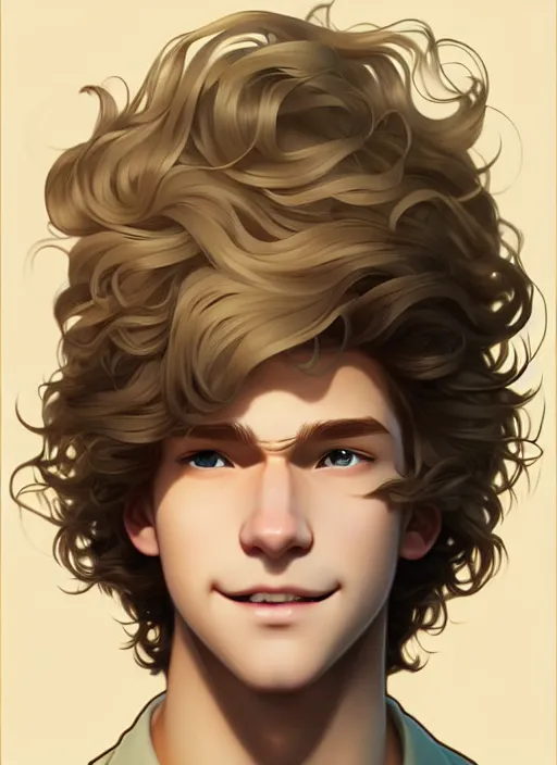 Image similar to young man with medium - length, curly, golden hair, perfectly proportioned face, aquamarine eyes, sweet smile, natural lighting, path traced, highly detailed, high quality, cartoon, digital painting, by new haicheng and ross tran and studio ghibli and alphonse mucha