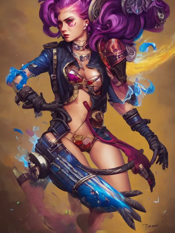 Image similar to a League of Legends FAN art portrait of Jinx The Loose Cannon,by tristan eaton,Stanely Artgerm,Greg Rutkowski,Tom Bagshaw,arthur adams,Carne Griffiths,trending on DeviantArt,street art,face enhance,chillwave,maximalist,full of color,glittering