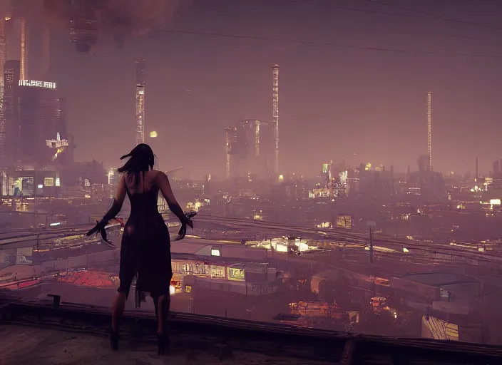 Image similar to mysterious sad rotten girl wrapped in smoke and a red dress is observing a big industrial city metropoli in the distance, cloudy sky, cyberpunk 2 0 7 7