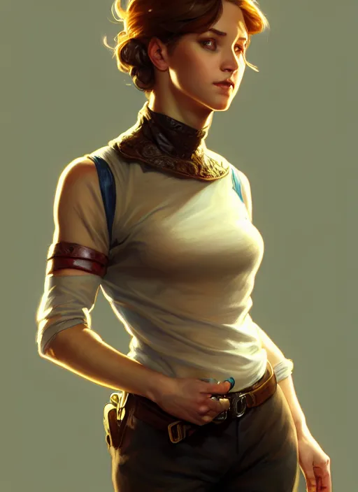 Prompt: portrait of a full body of beautiful young female detective, d & d, sleeveless turtleneck, fantasy, flat lighting, intricate, highly detailed, digital painting, artstation, concept art, smooth, sharp focus, illustration, art by simon bisley and greg rutkowski and alphonse mucha, natural tpose