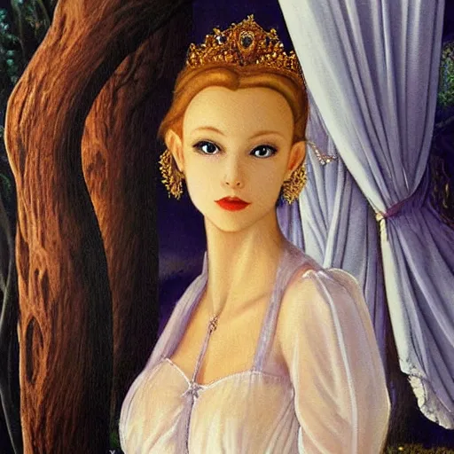 Image similar to A painting, beauty & mystery of Princess Aurora. Enigmatic smile and gaze invite us into her world, and we cannot help but be drawn in. Soft features & delicate way she is dressed make her almost ethereal. Landscape distance and mystery. What secrets Princess Aurora holds. Mediterranean, cosmic horror by Kentaro Miura, by Dean Cornwell, by Rene Magritte eclectic