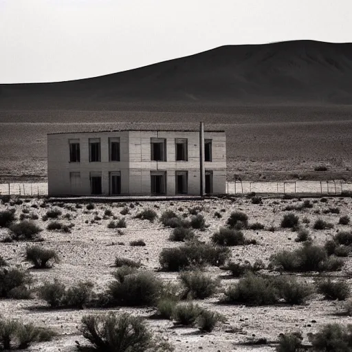 Image similar to Photograph of a generic soviet communist residential block standing lonely in a desert, dawn