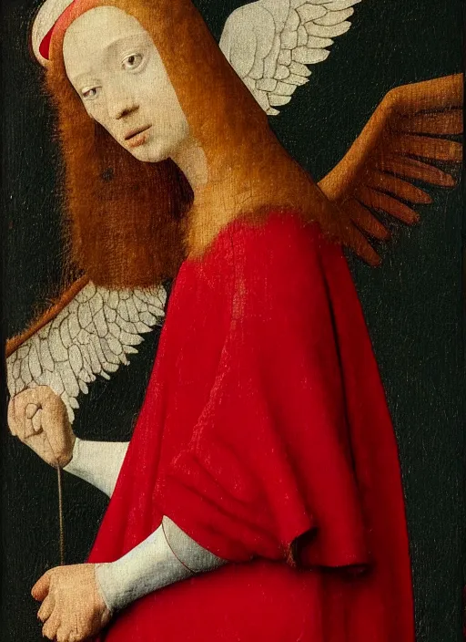 Image similar to profile of a fallen angel dressed in red with wings by Jan van Eyck, Hieronymus Bosch, Johannes Vermeer 4k post-processing, highly detailed medieval painting