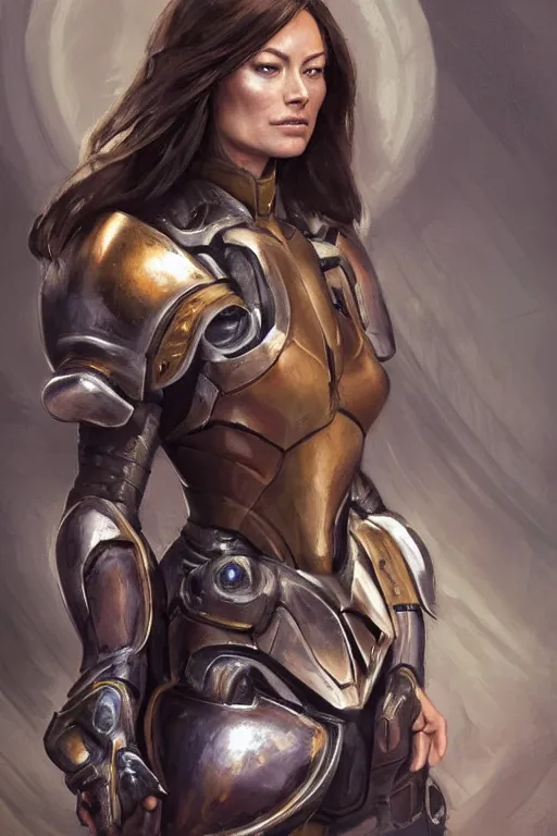 Image similar to a professional painting of a young Olivia Wilde, clothes in military armor, olive skin, long dark hair, beautiful bone structure, symmetrical facial features, intricate, elegant, digital painting, concept art, smooth, sharp focus, illustration, from StarCraft by Ruan Jia and Mandy Jurgens and Artgerm and William-Adolphe Bouguerea