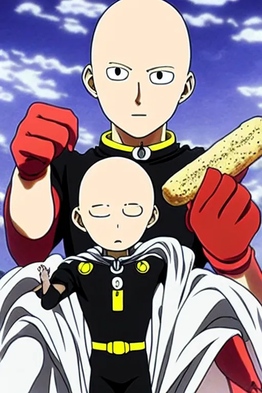 Image similar to baking saitama one punch man, with french baguette, anime artwork