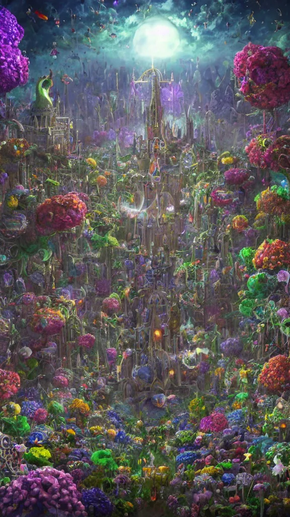 Prompt: a centered render of intricate modular synthesizer of alice in wonderland, shining its light across a tumultuous sea of flowers in space, undersea animals and gothic crystal church and mutant robots and vintage house tunnels by dorothea tanning and salvador dali, trending on artstation, cyber punk, high contrast, unreal engine, high detailed, 8 k