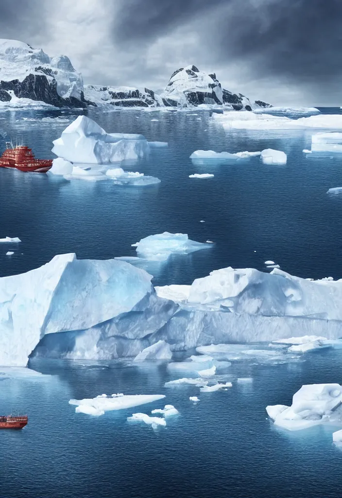 Image similar to ship being persecuted by a police ship over raging turbulent waters in antartica, icebergs in the background, hyper realistic, highly detailed, digital art, apocalyptic, intimidating lighting, raytracing, sharp focus, smooth