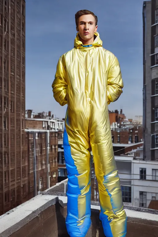 Image similar to un ultra high definition studio quality photographic art portrait of a young man standing on the rooftop of a british apartment building wearing opaque soft inflatable padded iridescent refractive utility clothing. three point light. extremely detailed. golden ratio, ray tracing, volumetric light, shallow depth of field. set dressed.