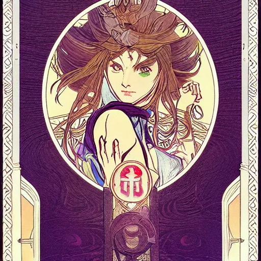 Prompt: the portal of salvation mystical japanese architecture hyperrealistic detail line work female ninja samurai ethereal character concept art wide angle shot muted colors cinematic lighting detailed and intricate style of alphonse mucha and j. c. leyendecker tarot card art print