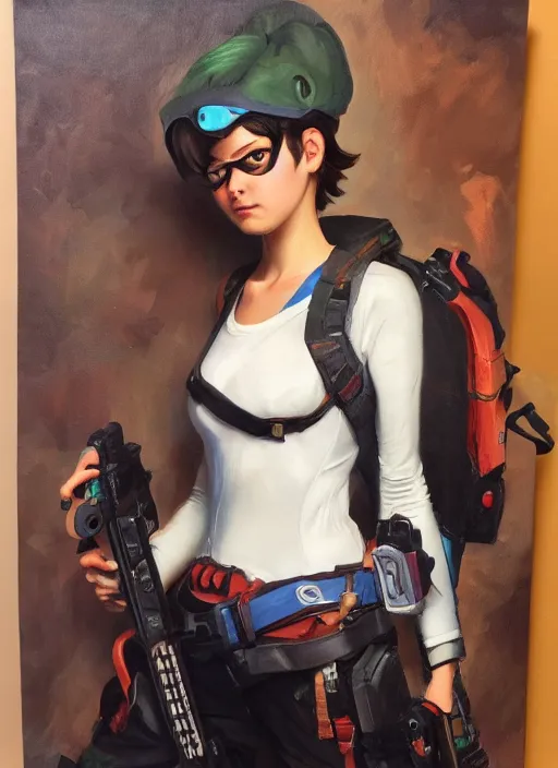 Image similar to oil painting of tracer overwatch full figure in the style of sophie anderson,