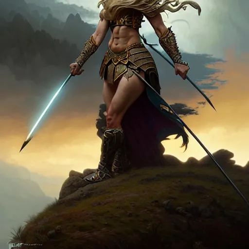 Image similar to A epic fantasy portrait of a warrior woman, standing on a cliff, castle setting, horror movie lightning, intricate, elegant, highly detailed, digital painting, artstation, concept art, matte, sharp focus, illustration, art by Artgerm and Greg Rutkowski and Alphonse Mucha
