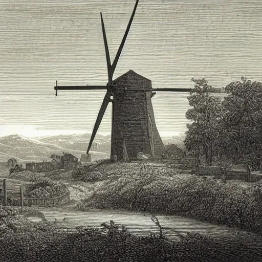 Prompt: landscape with windmills, gustave dore engraving