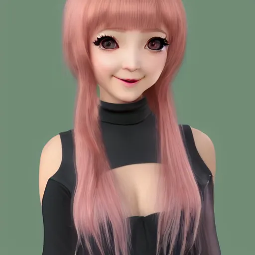 Image similar to Render of Nikki from Shining Nikki Dress-Up Game, a cute 3D young woman, long light pink hair, full bangs, full round face, hazel amber eyes, pale skin, cute freckles, light blush, Chinese heritage, smiling softly, wearing casual clothing, interior lighting, cozy living room background, medium shot, mid-shot, hyperdetailed, trending on Artstation, Unreal Engine 4k