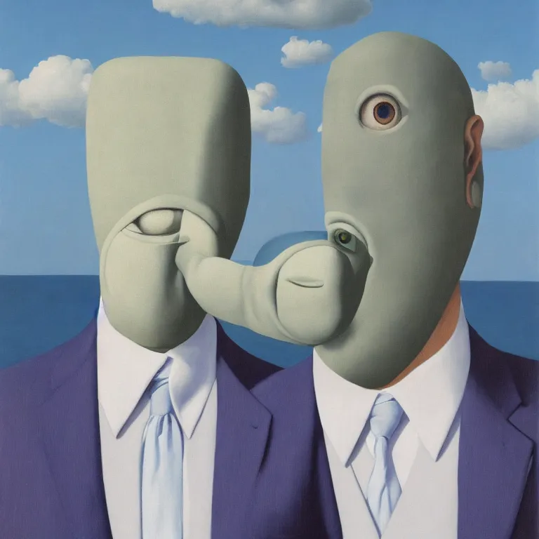 Prompt: portrait of a faceless fish - head man in a suit, clouds in the background, by rene magritte, detailed painting, distance, centered, hd, hq, high resolution, high detail, 4 k, 8 k