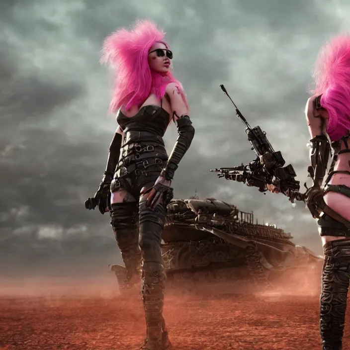 Image similar to beautiful apocalyptic woman with pink Mohawk, standing on mad max panzer tank, 4k ultra hd, fantasy dark art, sharp, tank girl, artstation, octane render