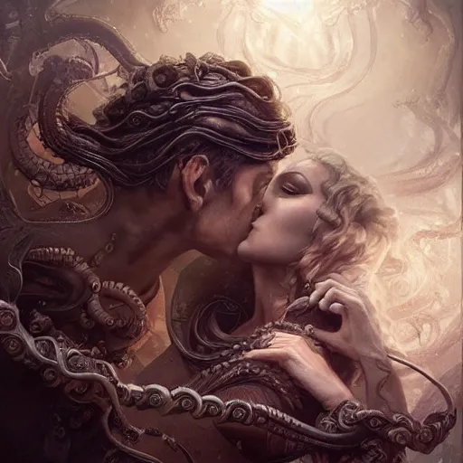 Image similar to “Super model Medusa kissing hephaestus, dark, intricate, fantasy, intricate, elegant, highly detailed, digital painting, artstation, concept art, matte, sharp focus ,highly detailed, smooth, artstation, digital illustration by Ruan Jia and Mandy Jurgens and Artgerm and Wayne Barlowe and Greg Rutkowski and Frank Frazetta”