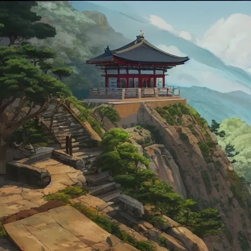 Image similar to concept art painting of a greek and japanese temple on a mountain cliff, overlooking a cozy village in a valley, realistic, detailed, cel shaded, in the style of makoto shinkai and greg rutkowski and james gurney