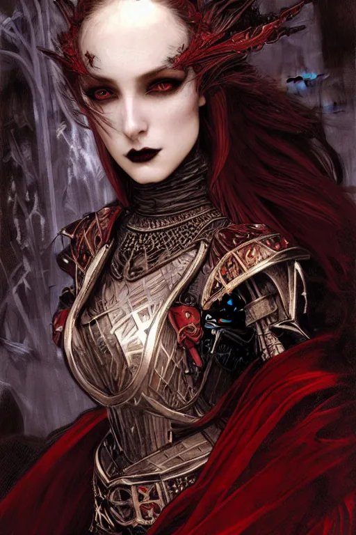 Image similar to beautiful luxury and gothic and victorian and evil medieval female reddish and black color armor knight portrait+smoky eyes+light flowing hair, in ruin gothic cathedral, ultradetail face, art and illustration by tian zi and craig mullins and WLOP and alphonse mucha, fantasy, intricate complexity, human structure, fantasy world concept, watermark, blurry, hyperrealism 8k