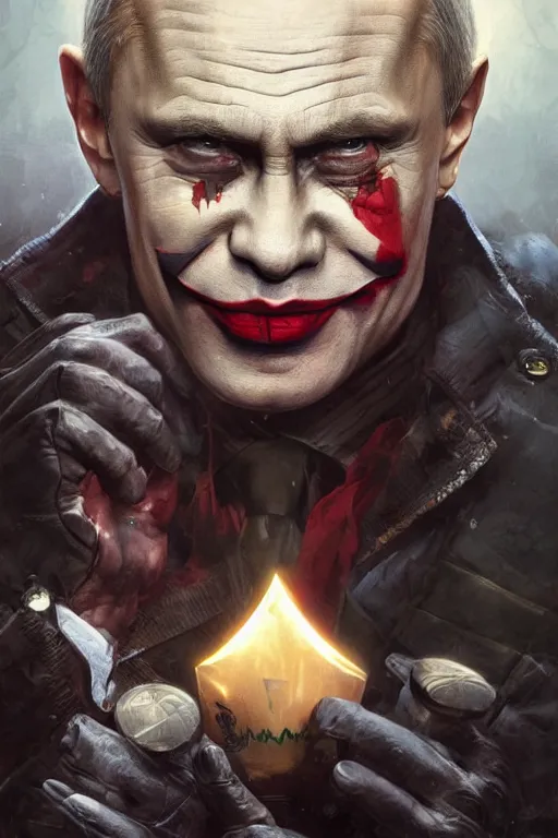 Image similar to vladimir putin as a joker, realistic, high definition, 4 k, shimmering color, hyper detailed, art of greg rutkowski and magali villeneuve and artgerm