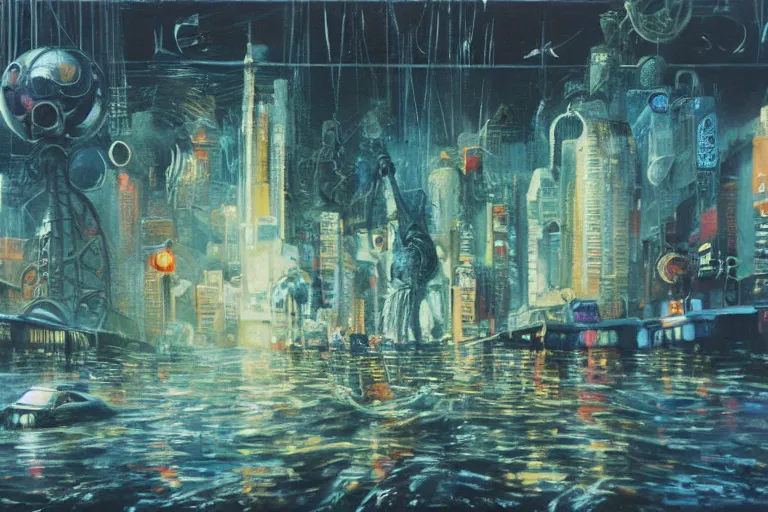 Image similar to river boats speeding between spherical tree houses on flooded streets of new york painting by ( ( ( ( ( h. r. giger ) ) ) ) ) and paul lehr