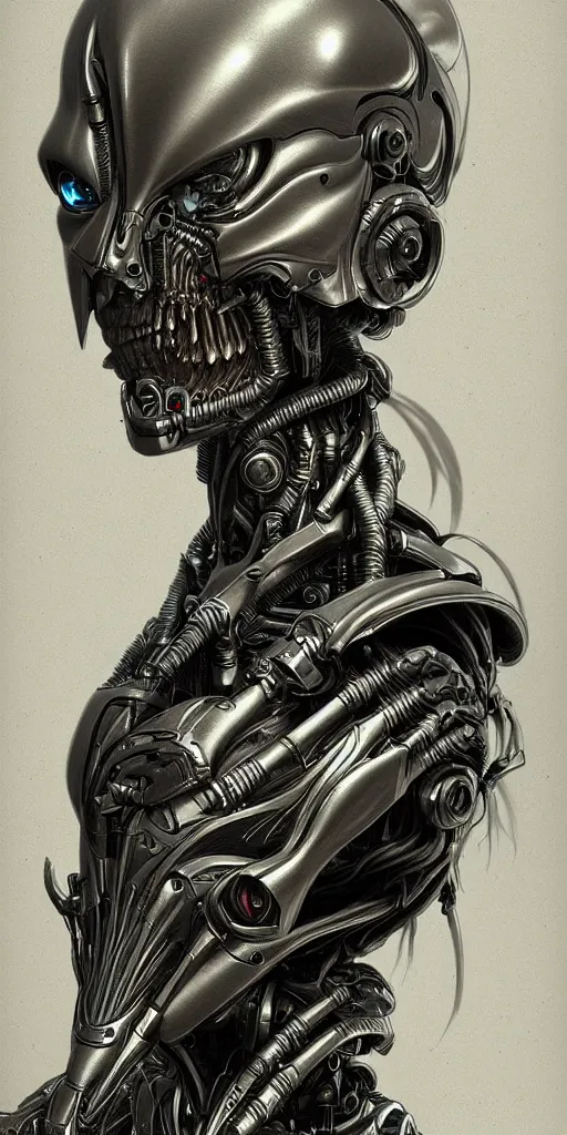 Image similar to portrait of a cyborg woman by Gustave Doré, biomechanical, hyper detailled, trending on artstation