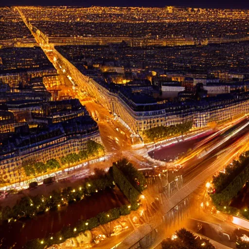 Prompt: an avenue in paris on a christmas night, colorful, aerial view, photorealistic, 8 k