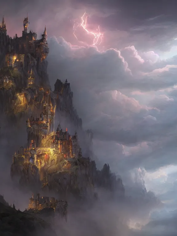 Image similar to photo of 8k ultra realistic castle on cliff surrounded by swirling clouds and lighting, dark, menacing, full of colour, cinematic lighting, battered, trending on artstation, 4k, hyperrealistic, focused, extreme details,unreal engine 5, cinematic, masterpiece, art by Peter Mohrbacher