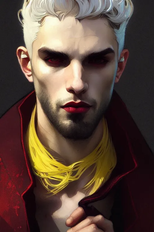 Image similar to portrait of a beautiful young fit male vampire with curly white hairs and yellow eyes, dressed with urban clothes, by greg rutkowski and alphonse mucha, d & d character, gradient white to red, modern nocturnal background, highly detailed portrait, digital painting, artstation, concept art, smooth, sharp focus ilustration, artstation hq