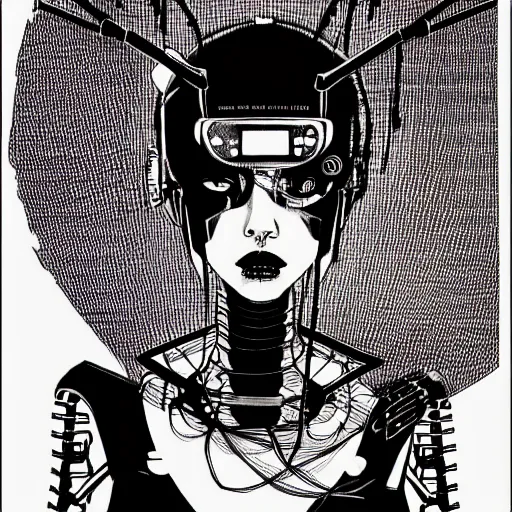 Prompt: punk robot girl, face portrait by makoto kobayashi and nihei tsutomu, pen sketch on paper, mechanical, cables