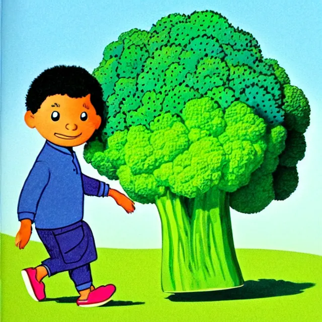 Image similar to professional kids book illustration of a Pakistani !!toddler!! boy walking with a friendly anthropomorphic broccoli, best on artstation,, astonishing, impressive, outstanding, cheerful, stunning, masterpiece by Maurice Sendak, Eric Carle, and Beatrix Potter.