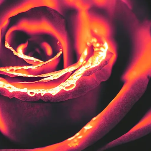 Prompt: award - winning macro of a beautiful black rose made of glowing molten magma on black background by harold davis, georgia o'keeffe and harold feinstein, highly detailed, hyper - realistic, inner glow, trending on deviantart, artstation and flickr, nasa space photography, national geographic