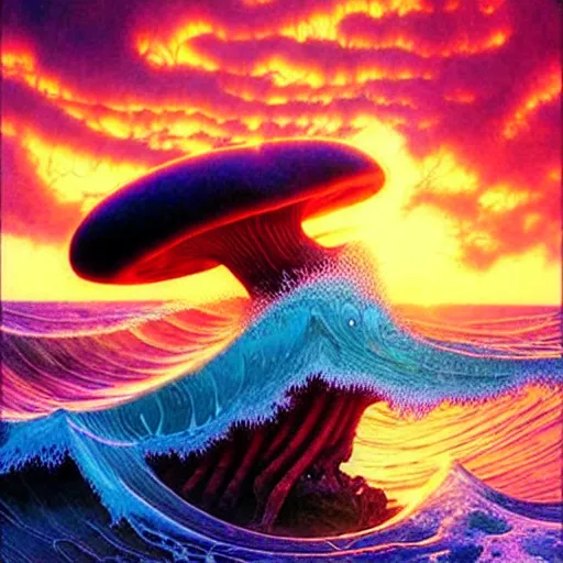 Image similar to ocean wave around ancient giant psychedelic mushroom, lsd water, dmt ripples, backlit, sunset, refracted lighting, art by collier, albert aublet, krenz cushart, artem demura, alphonse mucha