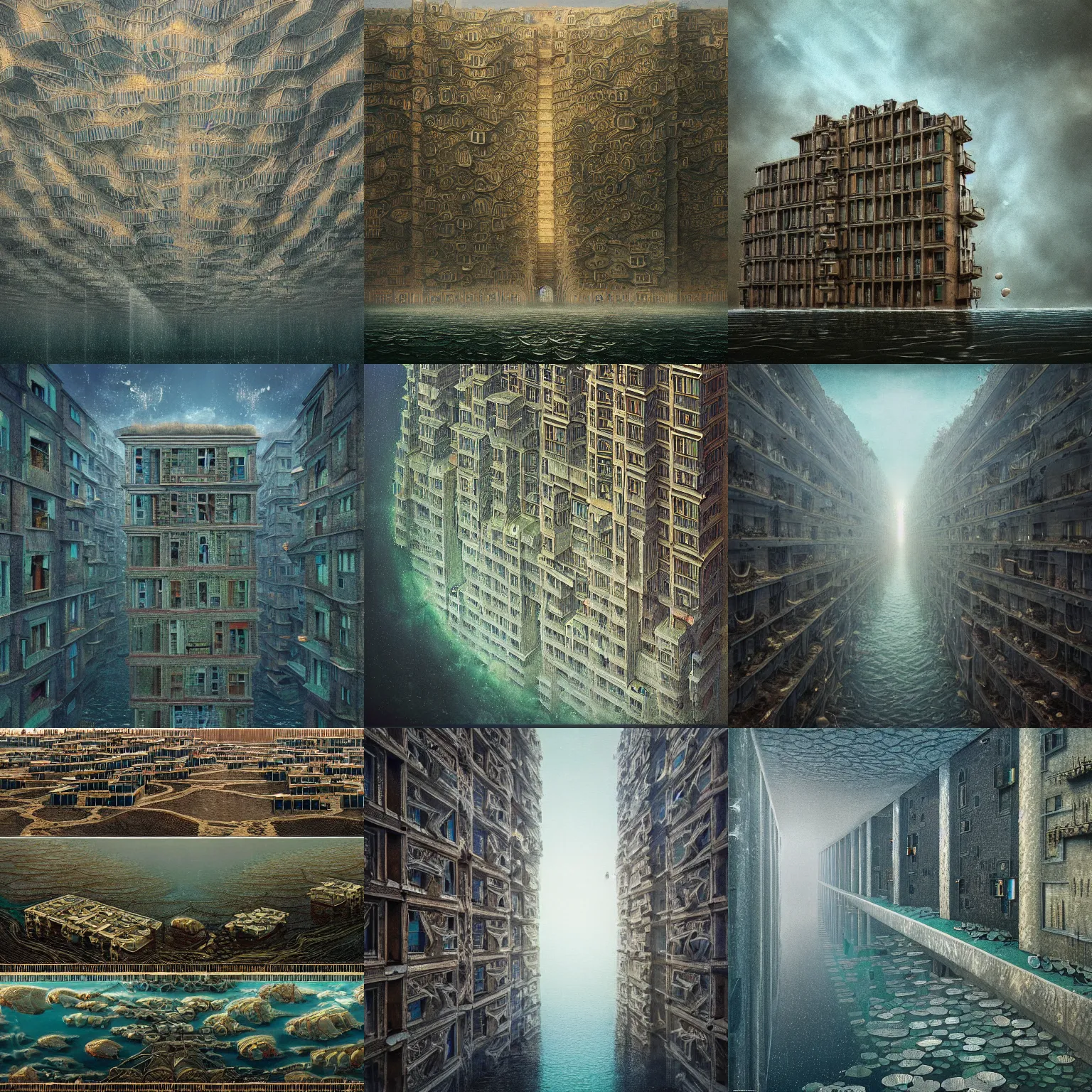 Prompt: detailed by agostino arrivabene, soviet residential panel building underwater, brutalism, mass housing, kelp forest, street lights water refraction, rule of thirds, masterpiece 8 k