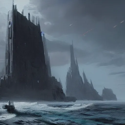 Image similar to star wars concept art by greg rutkowski, a palatial and imposing grey wide tower emerging from the sea in the middle of a ocean landscape, enigmatic atmosphere, beautiful and cinematic lighting, artstation hq.